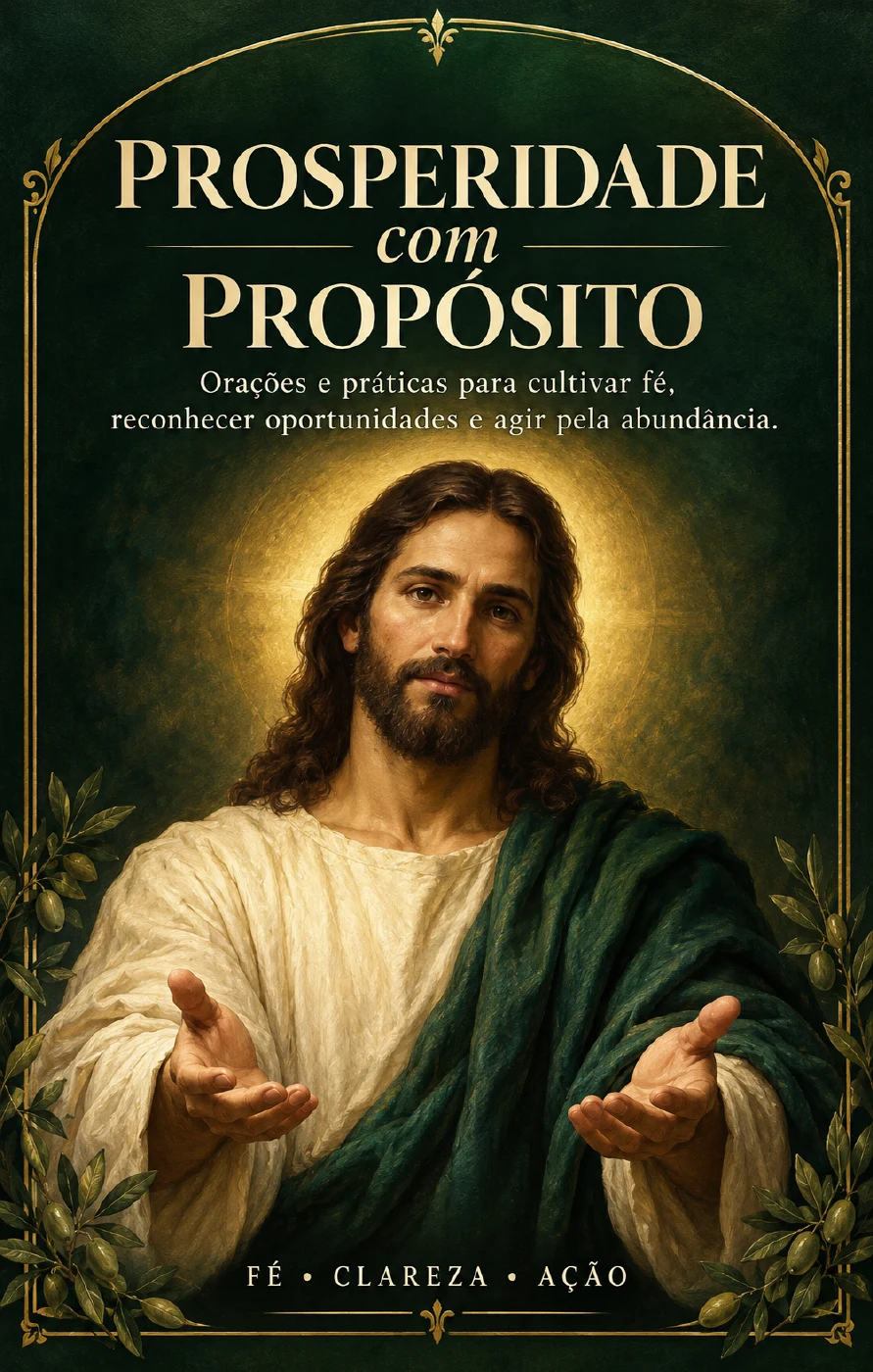 Capa original de Prosperidade com Propósito aplicada a um livro ilustrativo, com pintura de Jesus e oliveiras.